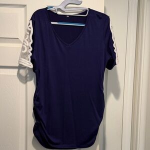 Navy Blue Women's Top with Lace Sleeves